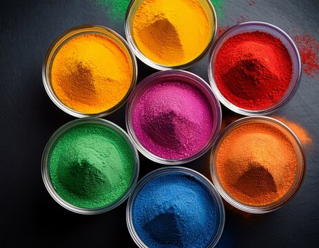 vibrant bowls of colorful powder arranged in a circular pattern on dark background