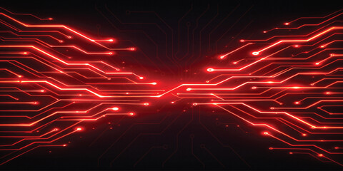 Red glowing circuit board lines on dark technology background, futuristic digital motherboard pattern, hi tech electronic network connection abstract wallpaper © Roni