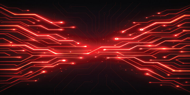 Red glowing circuit board lines on dark technology background, futuristic digital motherboard pattern, hi tech electronic network connection abstract wallpaper