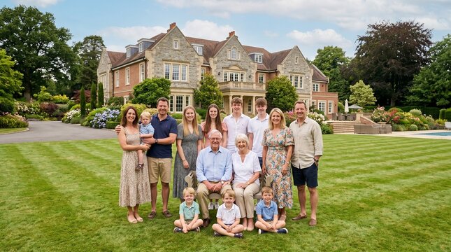 Happy multi generational family standing in front of large house