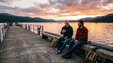Fototapeta premium Two Men Sitting on a Dock at Sunset by the Lake