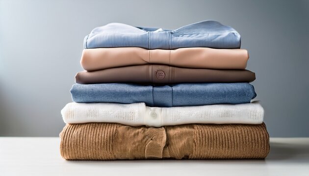 a stack of clean neatly folded clothes arranged on a light background representing laundry wardrobe organization minimal lifestyle and household cleanliness