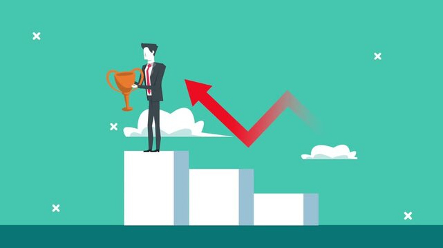Businessman on podium holding trophy with rising graph signifying success and achievement.