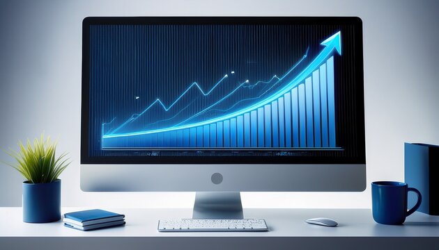 a computer monitor displaying a blue graph with an upward trend on a white background and desk surface