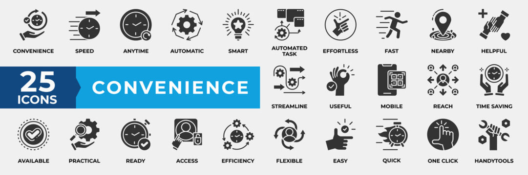Convenience Icon Set. Containing convenience, speed, anytime, automatic, smart, automated task, effortless, fast, nearby  and more. Simple Solid Vector Illustration.