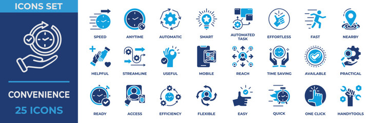 Fototapeta premium Convenience Icon Set Solid Blue Style. With icon automatic, task, effortless, fast, nearby mobile, reach, time saving, available and more. Flat Blue Vector Illustration.