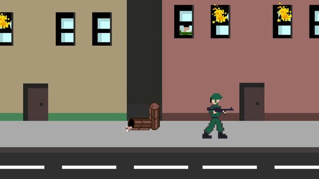 Pixel art animation of an old game with an armed soldier walking in a destroyed city, art, vintage, pixel art.