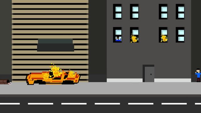Animation in old pixel art style with a destroyed city setting passing by, art, vintage, pixel.