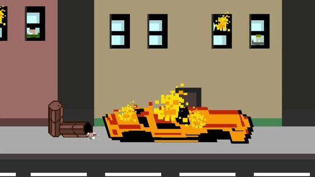 Animation in old pixel art style with a destroyed city and a burning car, art, vintage, pixel.