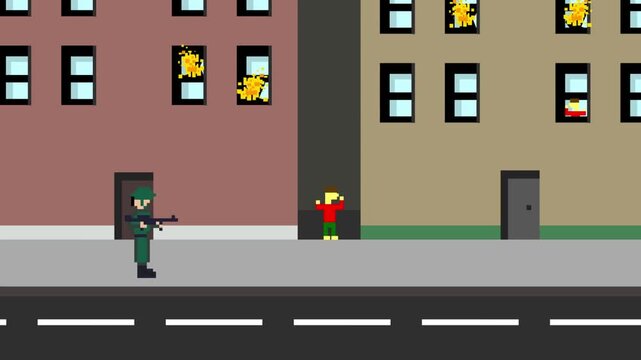 Pixel art animation of an old game with a soldier with a gun shooting at enemies in a destroyed city setting, art, vintage, pixel.