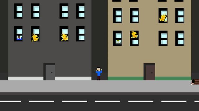 Animation in old pixel art style with a city on fire and people at the window scared, art, vintage, pixel.