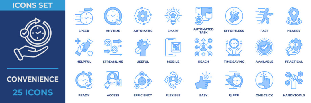 Convenience Icon Set Line blue Style. With icon automatic, task, effortless, fast, nearby mobile, reach, time saving, available and more. Line Blue Vector Illustration.