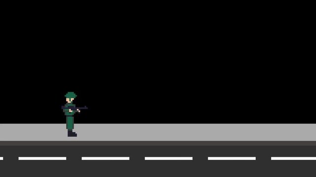 Pixel art animation of an old game with an armed soldier shooting at enemies on a street with a black background, art, vintage, pixel art.