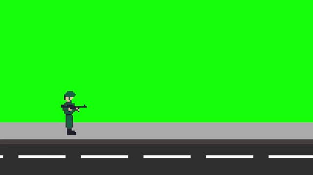 Pixel art animation of an old game with an armed soldier shooting at enemies on a street with a green background, art, vintage, pixel art.