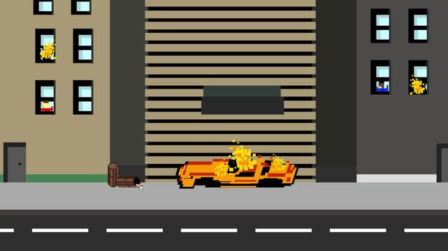 Animation in old pixel art style with a destroyed city and a burning car, art, pixel.