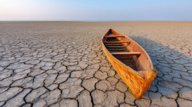 Low angle shot of a dry riverbed, cracked mud patterns, an abandoned rusted wooden boat tilting on the dry ground, distant hazy horizon, water scarcity