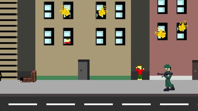 Pixel art animation of an old game with an armed soldier shooting in a destroyed city, art, vintage, pixel art.