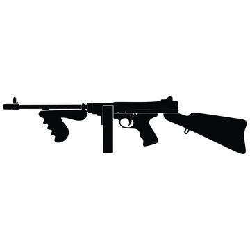 Historical thompson submachine gun silhouette vector illustration on white background line art.