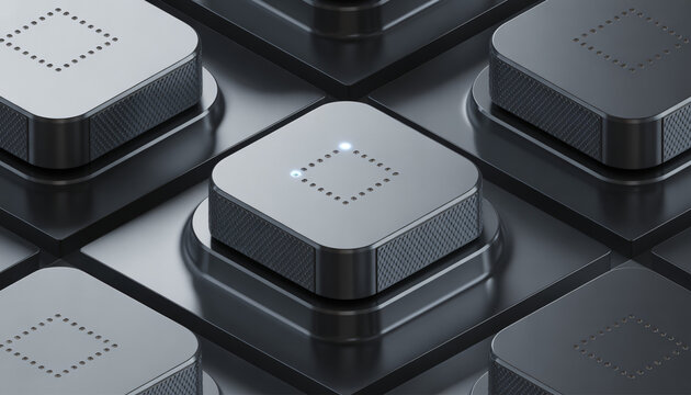 Isometric 3D Dark Metallic Square Modules with Glowing Blue Indicators for Server Hardware, Cloud Computing, and Blockchain