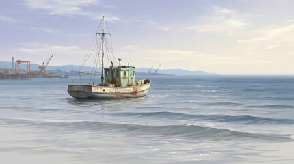 Fototapeta premium A vintage fishing boat rests on calm water with a distant industrial harbor in the background