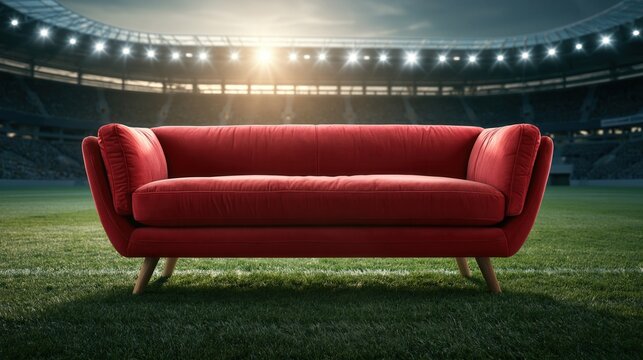 Modern red scandinavian sofa placed in the middle of an empty illuminated soccer stadium.