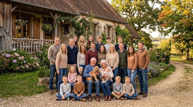 Large multi generational family posing outside rustic country home