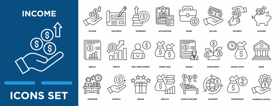 Income icon collection set. Containing design paycheck, earnings, accounting,commission and investment icon. simple line vector.