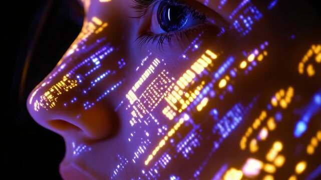 Glowing digital patterns cover a human face in profile. Blue and orange lights form data-like visuals. One eye is visible, detailed, with dark lashes