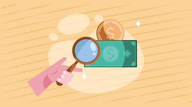 Animated concept of financial audit with magnifying glass over cash bill and gold coin.