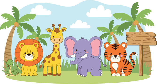 Colorful Jungle Animal Set Featuring Lion, Giraffe, Elephant, Tiger, and Snake with Palm Trees