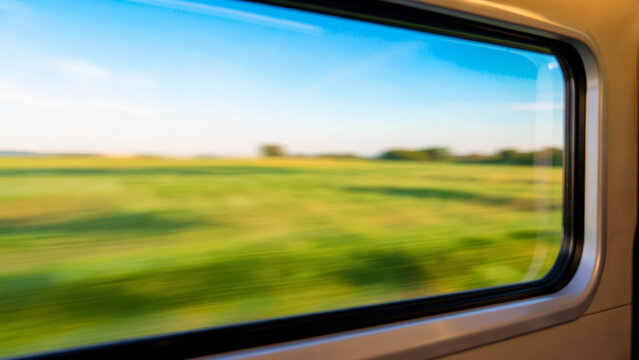 Scenic view of green countryside from a moving train window