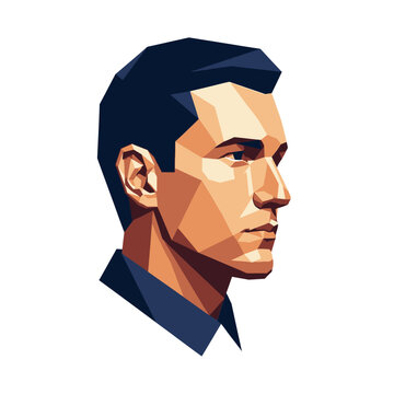 Geometric digital illustration of a man's profile with sharp angular features