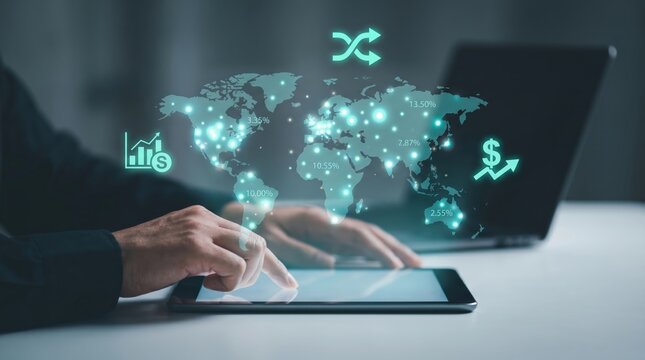 Global Digital Marketing Analytics and Audience Targeting Concept: Hands using Tablet with Holographic World Map, Data Clusters, and Marketing Icons