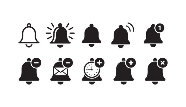 Bell notification icons set with status updates plus minus and clock interface elements new.
