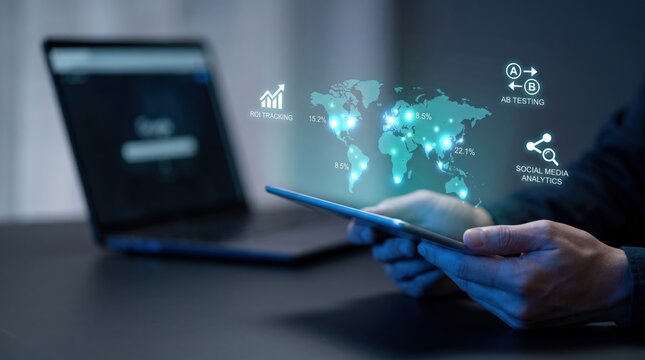Global Digital Marketing Analytics and Audience Targeting Concept: Hands using Tablet with Holographic World Map, Data Clusters, and Marketing Icons