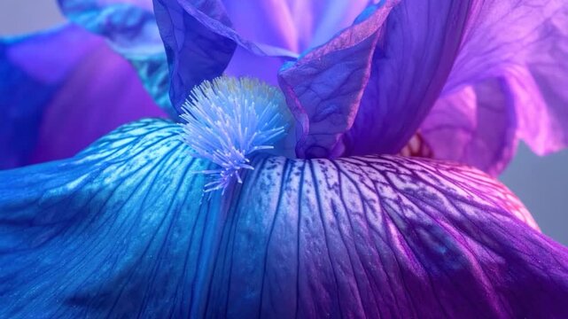 Extreme close-up macro shot of an iris flower petal with stunning blue and purple lighting