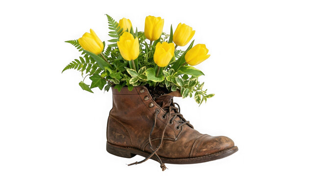 Beautiful bunch of bright yellow tulips inside an old worn leather boot as a creative spring floral decoration