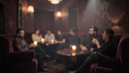 Fototapeta premium Relaxed group of friends socializing in a dimly lit upscale lounge