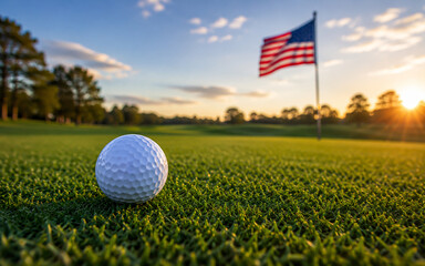 Obraz premium Golf Ball on Green with American Flag in background
