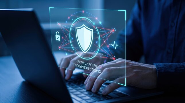Cybersecurity Intrusion Detection and Network Defense Concept: Expert Hands with Holographic Shield, Firewall Status, and Encryption Monitoring Interface