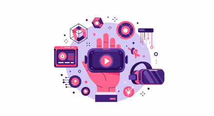 Naklejka premium Virtual Reality and Metaverse Technology Concept Illustration with VR Headset, Digital Interface and Interactive UI Elements