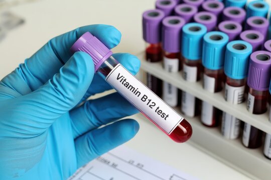 Medical professional holding a blood test tube labeled Vitamin B12 test in a clinical laboratory setting