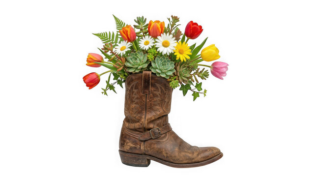Beautiful colorful spring flowers arranged in a rustic brown leather cowboy boot for a country style home decoration