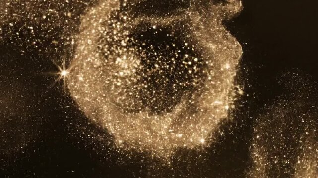 Abstract swirling patterns of golden glitter particles forming circular shapes against a dark background creating a sense of movement and ethereal elegance with subtle bokeh