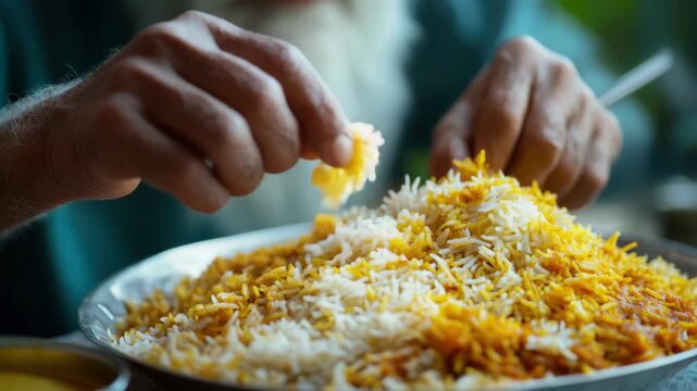 An elderly man with a white beard is preparing a dish of fried rice. He's carefully scooping the golden-brown grains from a pan onto a plate. The focus is on his hand and the food.