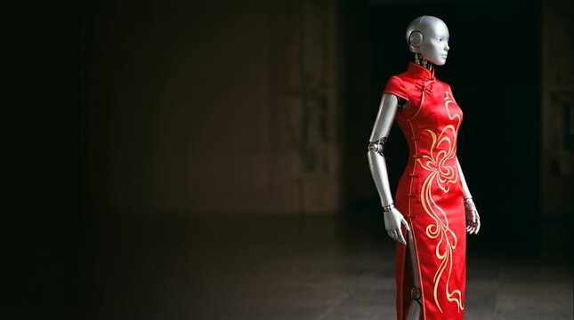 Elegant female robot in a red traditional dress embodying future technology.