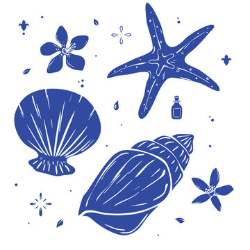 Mediterranean sea elements set with shells and starfish in blue line art style