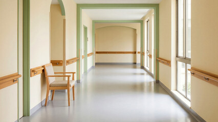 Fototapeta premium Warm senior care corridor with wooden chair handrails and bright window light perfect for nursing home branding elderly facility and wellbeing presentation