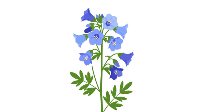 Blue flower with green leaves stem.