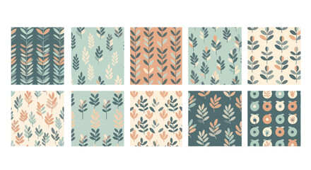 Collection of minimalist floral and botanical seamless patterns in Scandinavian style © Barokah
